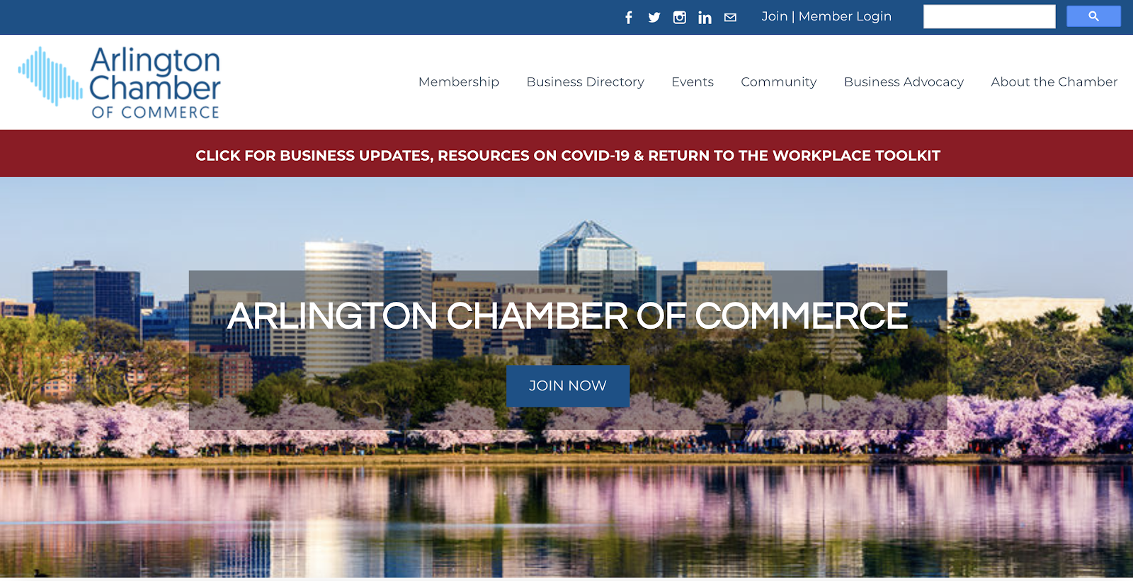 Arlington Chamber of Commerce website showing a "Join now" button overlaid atop a striking photo of cherry blossoms across a lake.