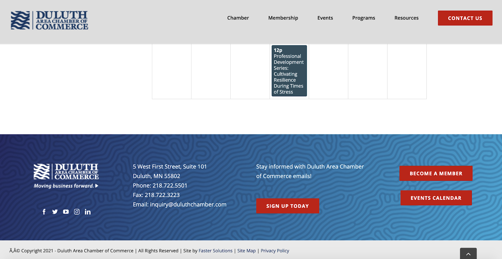 Duluth Area Chamber of Commerce website footer including a clear "Become a member" button. 