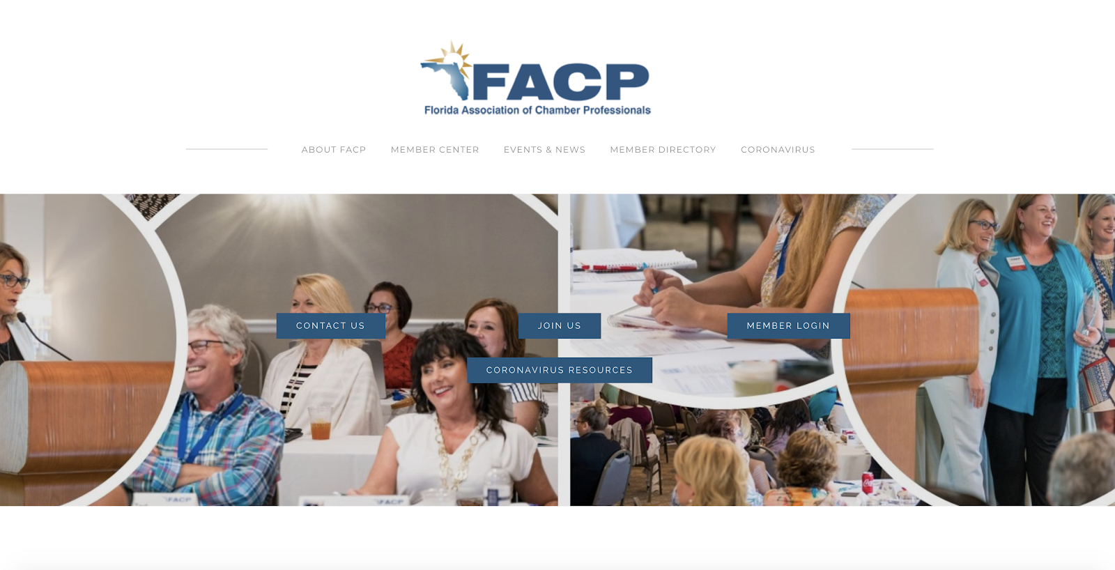 Florida Association of Chamber Professionals website showing a "contact us" button alongside their "join us" and "member login" buttons. 