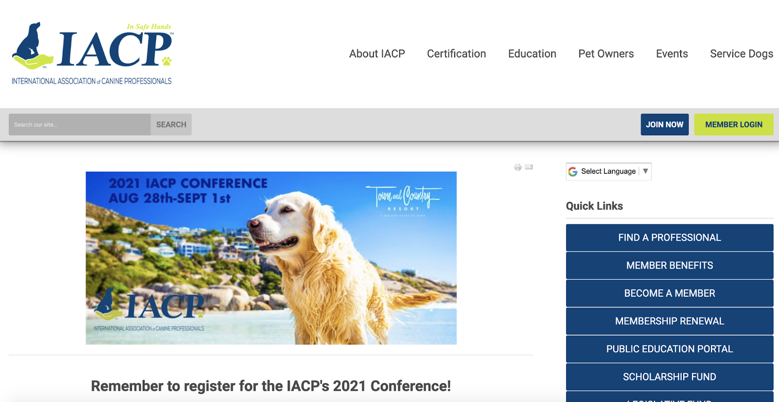 International Association of Canine Professionals conference page, showing a banner of a happy golden retriever advertising their conference. 