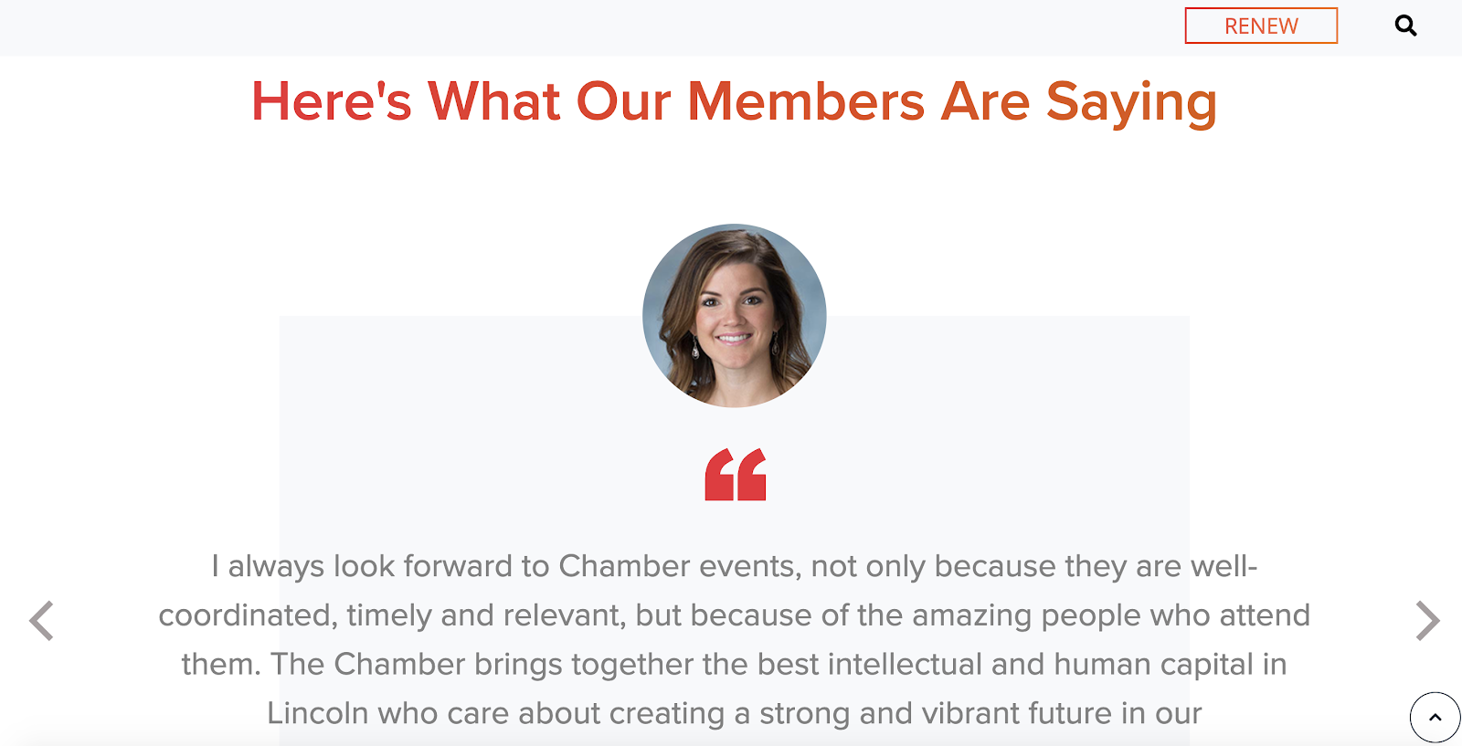 Lincoln Chamber of Commerce website testimonial section featuring a complimentary quote and the photo of the member who stated it.