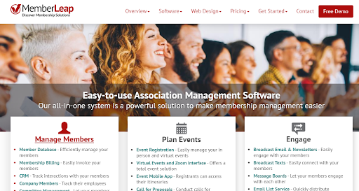 MemberLeap homepage, showing clear breakdown of functionality and a picture of smiling association members applauding a presentation.