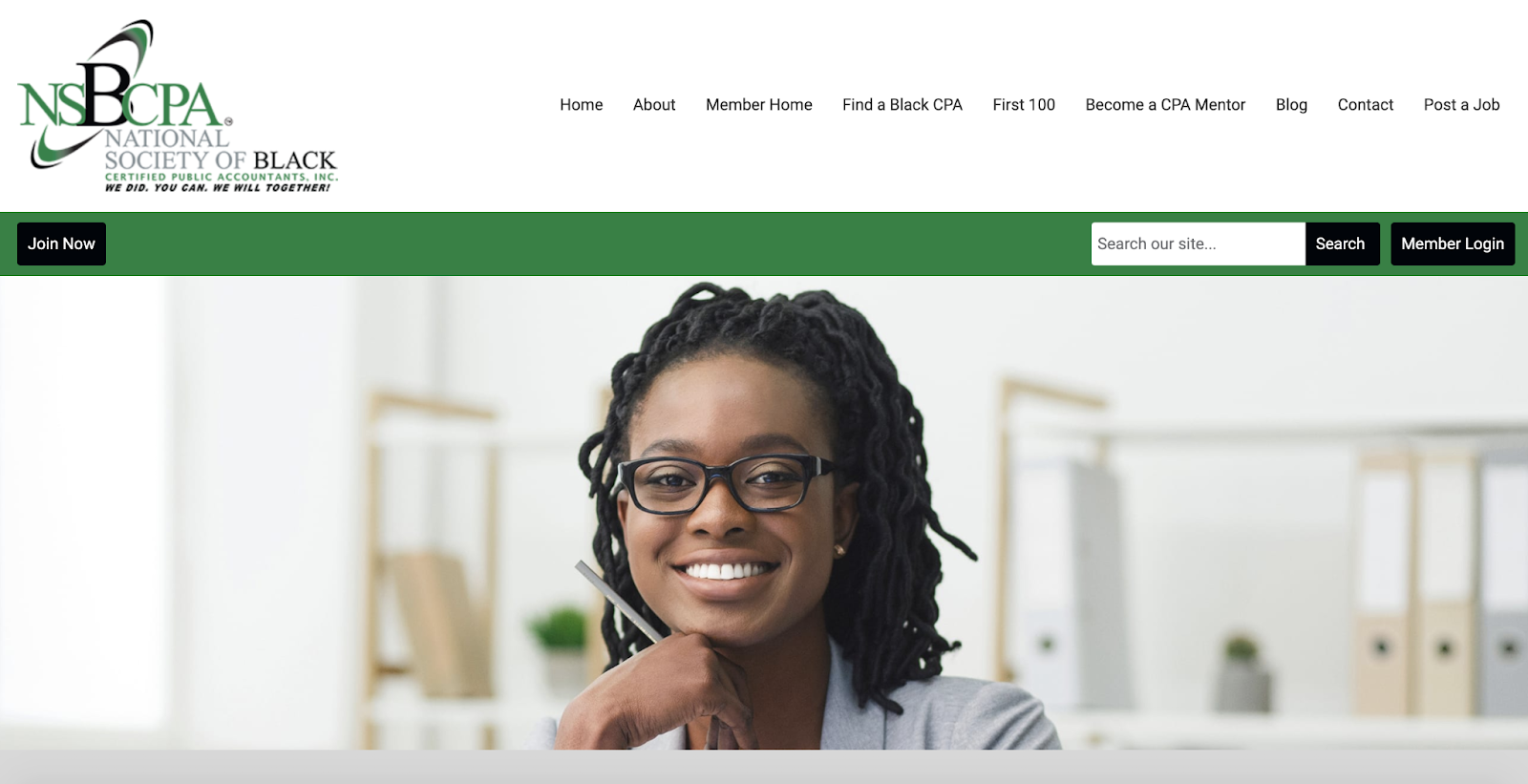 National Society of Black CPAs homepage that clearly displays navigation options as described in the post, contrasting buttons in black against a green navigation bar.