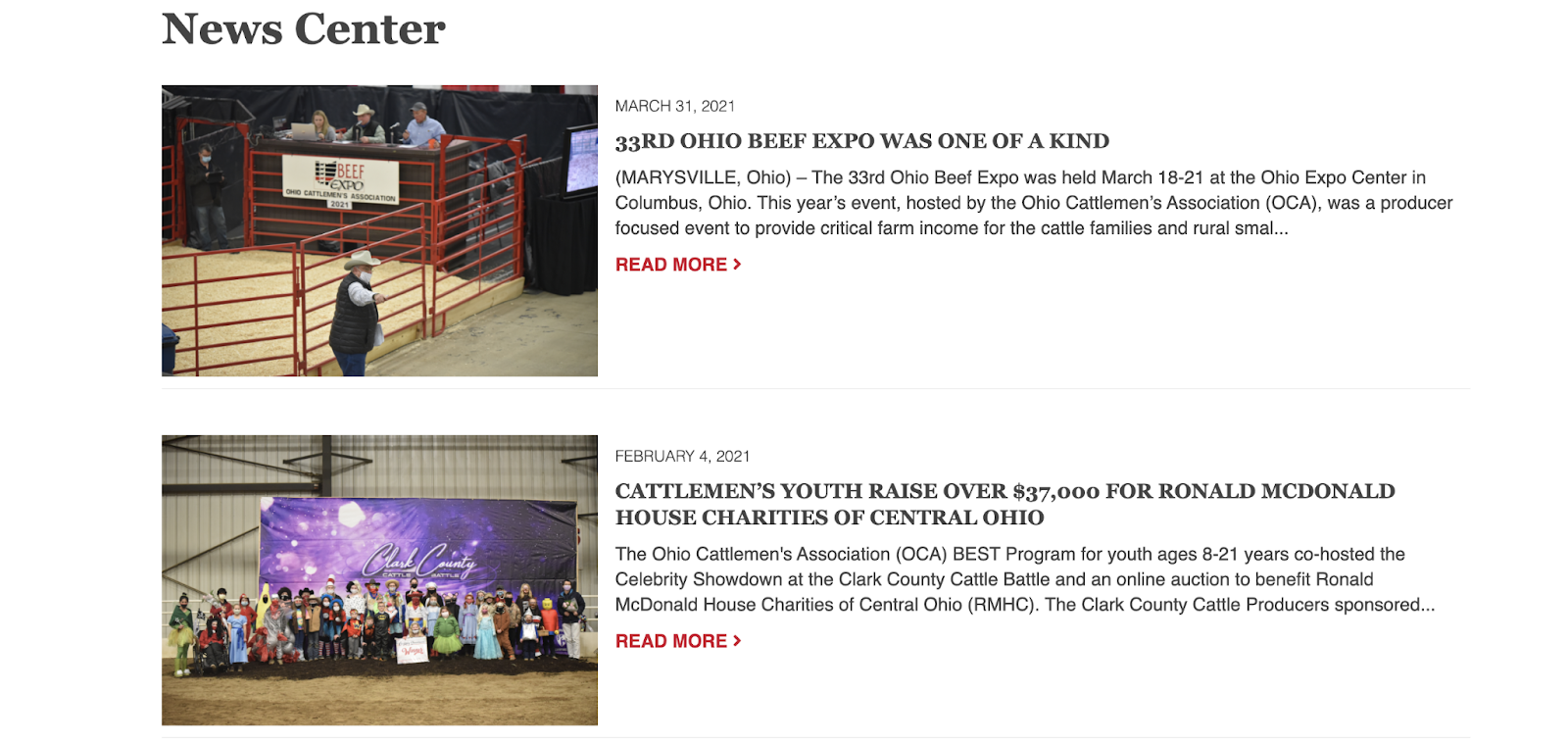Ohio Cattlemen’s Association news section that includes a featured image and a snippet of the news articles, along with catchy titles and a read more button.