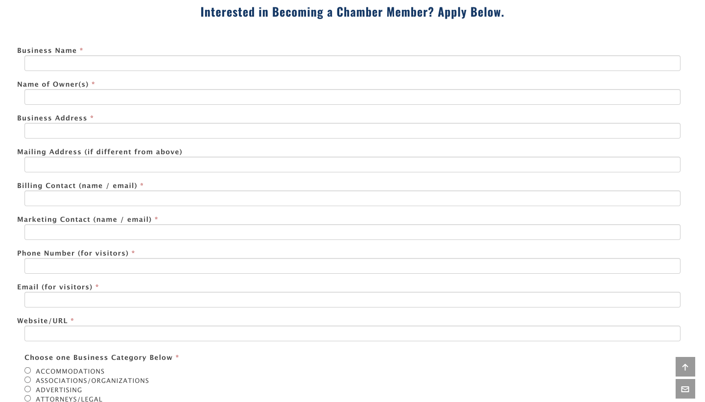 Old Orchard Beach Chamber of Commerce membership form, which shows clear text fields for contact information and radio button options for selecting a business category.