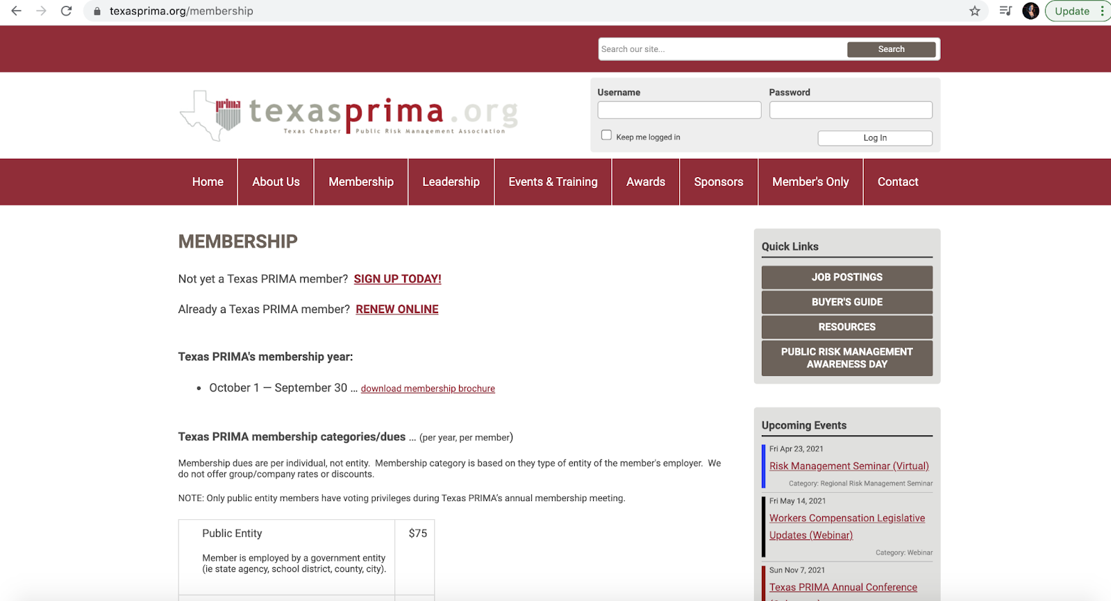 Texas PRIMA membership page  displaying easy links to their member's only sections as well as membership information section in the top navigation of the site.