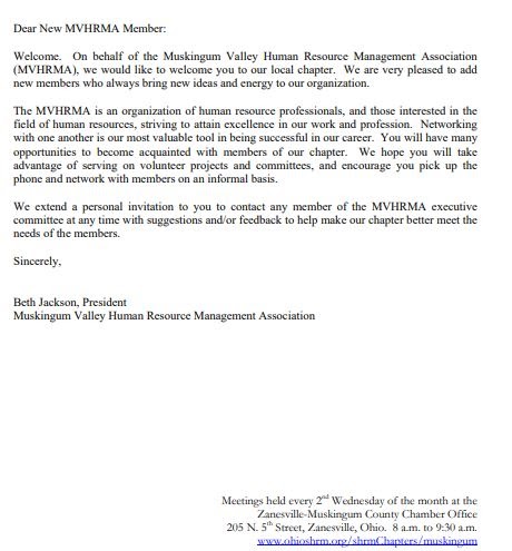 The Muskingum Valley Human Resources Association welcome letter, introducing the association and how members can provide feedback. 