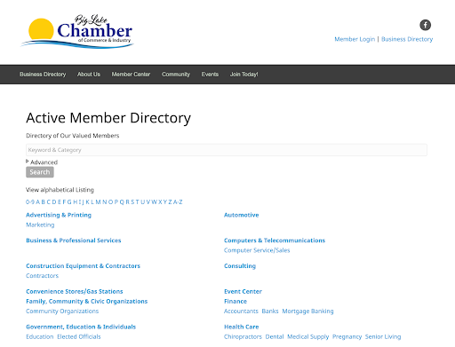 Big Lake Chamber of Commerce website's active member directory, including alphabetical listing, business categories, and a search function