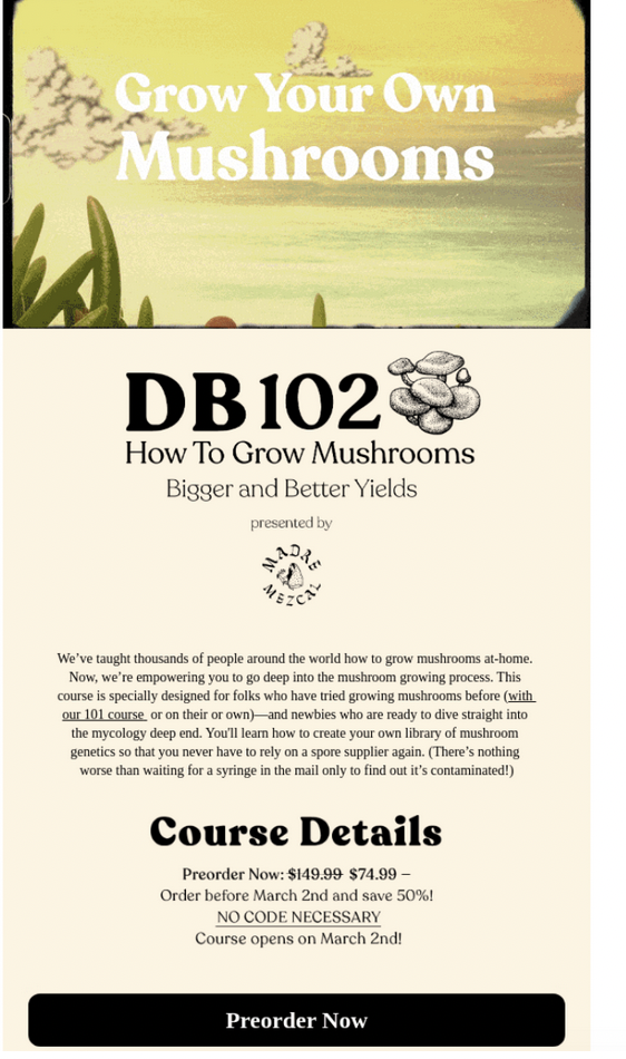 Double Blind Mag newsletter promoting a webinar course on how to grow mushrooms, including course details, pricing, and a preorder button.