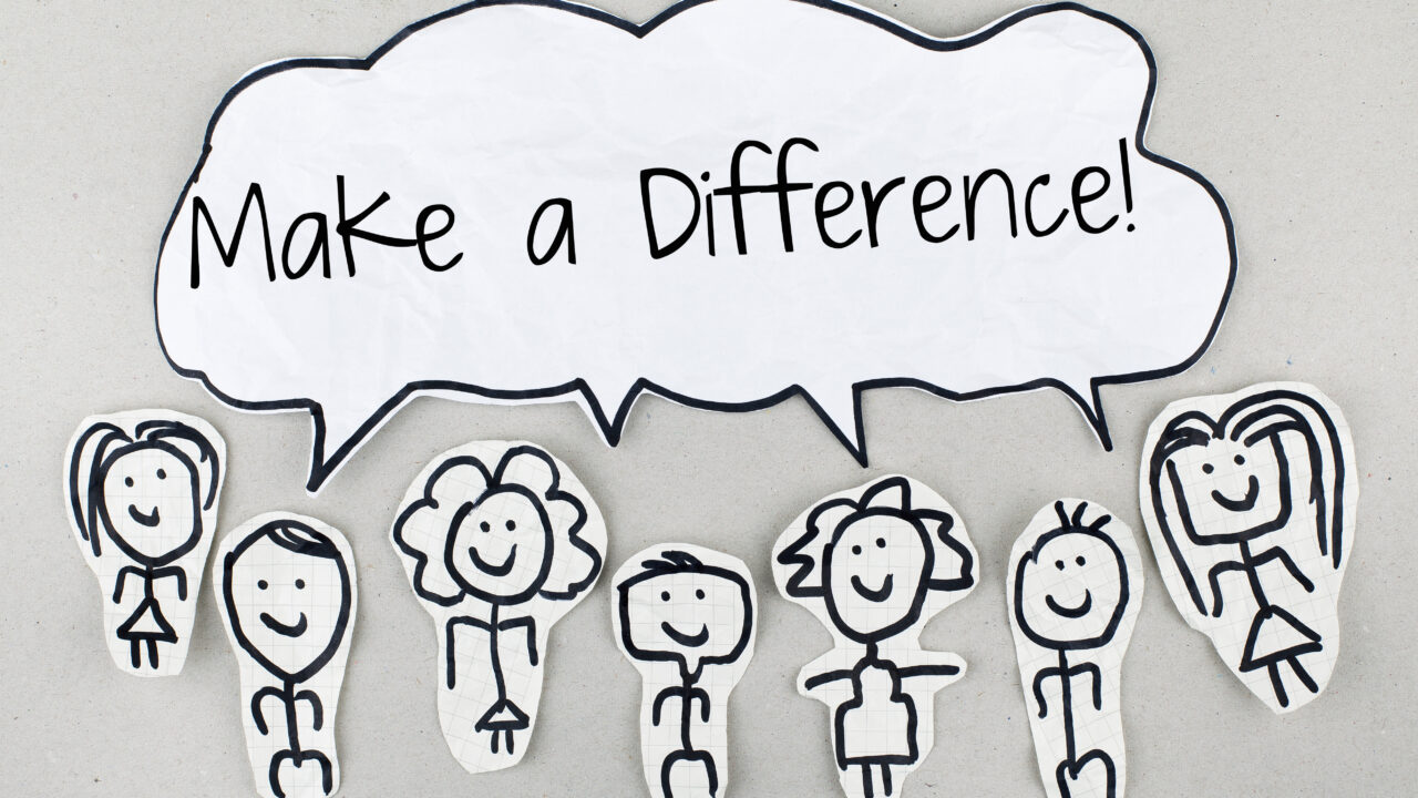 Smiling stick figure volunteers recruited to help and exclaiming "Make a Difference!"
