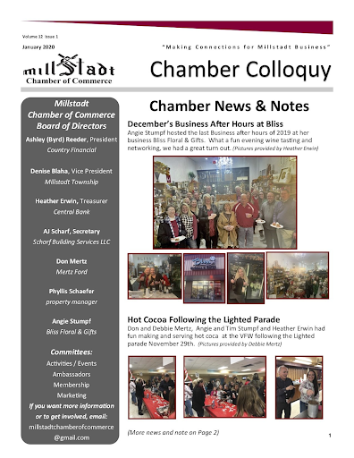 The Millstadt Chamber of Commerce's newsletter featuring pictures of members at their events, demonstrating a social atmosphere. 