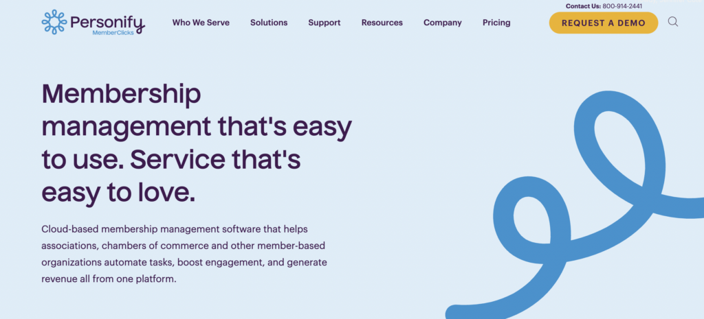 MemberClicks home page displaying informative blurb, header menu, and "Request a Demo" button. 