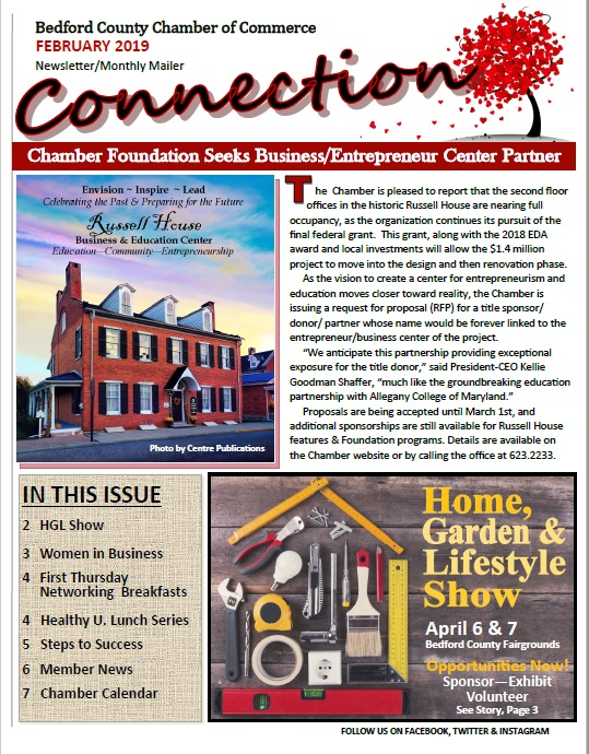 Bedford county chamber of commerce newsletter showing a layout that includes an image with text body beside it, then a highlighted "In this issue" segment with an event promotion image beside it. 