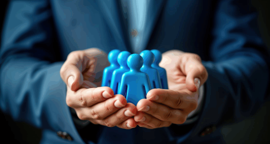 Businessman holding blue people figures to represent members