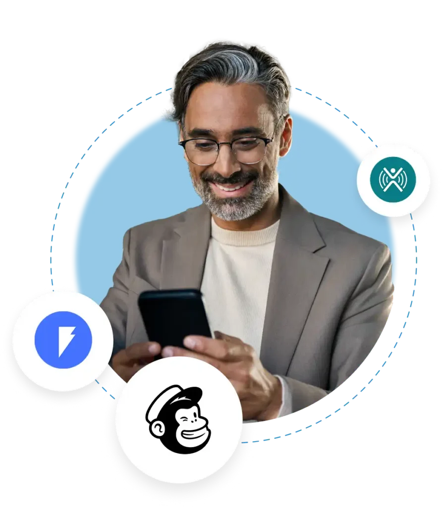 a businessman holding his phone, with various product logos surrounding the photo