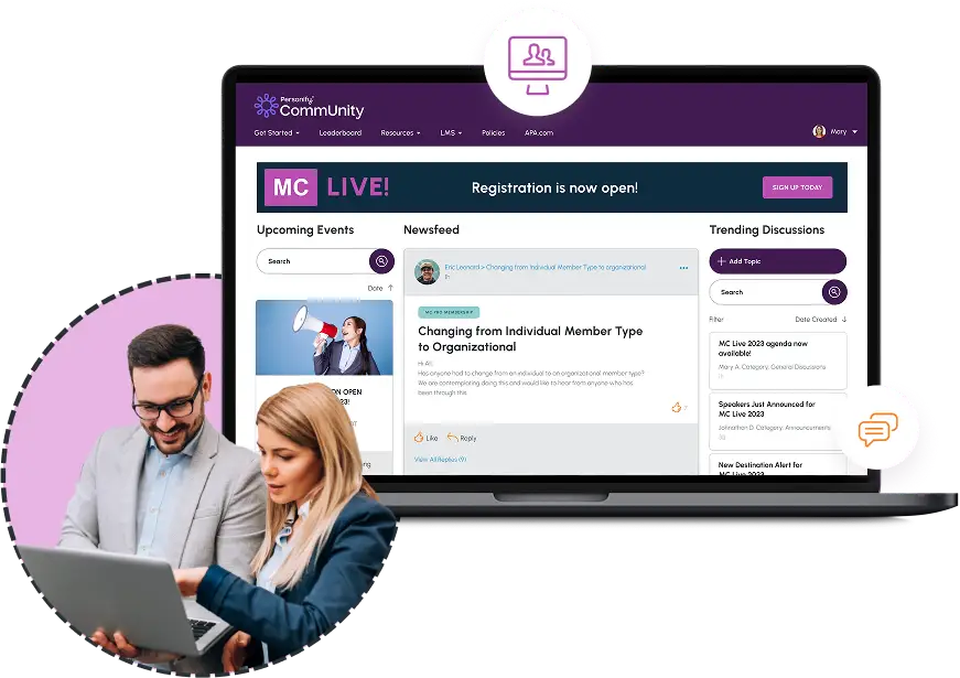 dashboard of CommUnity website with an inset photo of two colleagues looking at a screen
