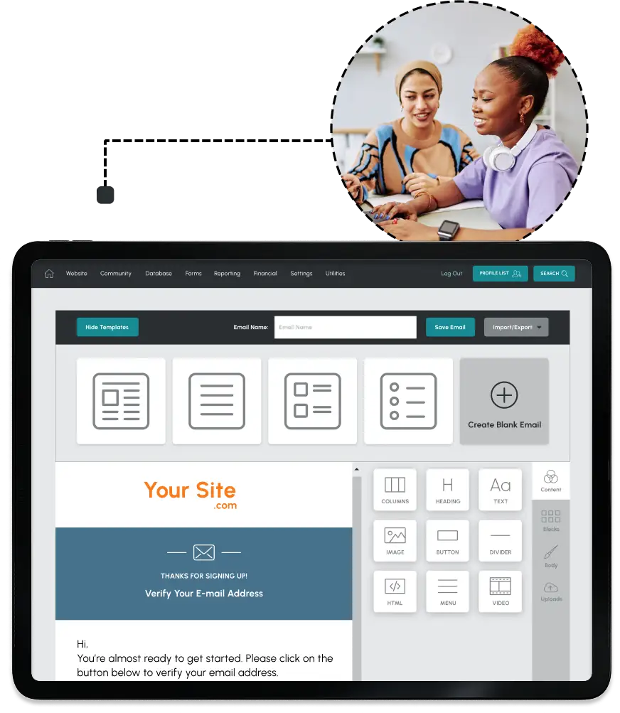 inset photo of two women beside a diagram of a website builder screen
